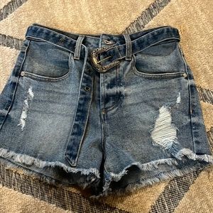 Guess High-Waist Distressed Denim Shorts - Blue